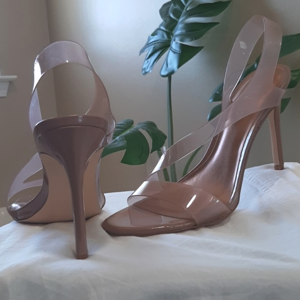 NWOT Nine West nude with clear strap sling back heels womens size 9.5 stiletto